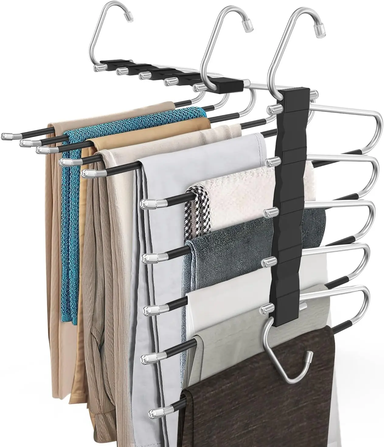 9 Layers Pants Hangers Space-Saving Stainless Steel Closet Hangers Non-Slip Multi-Functional Pants Rack Two Hanging Modes for Trousers Jeans Leggings Scarf Skirts