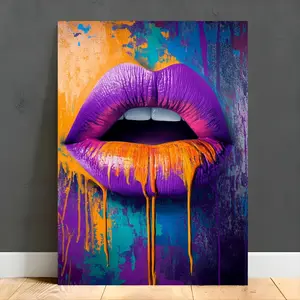 Wood Frame Purple Lips Canvas Painting Wall Art Print for Living Room, Bedroom, Office, Kitchen, Dining Room and Bar - Unique Pattern Home Decor