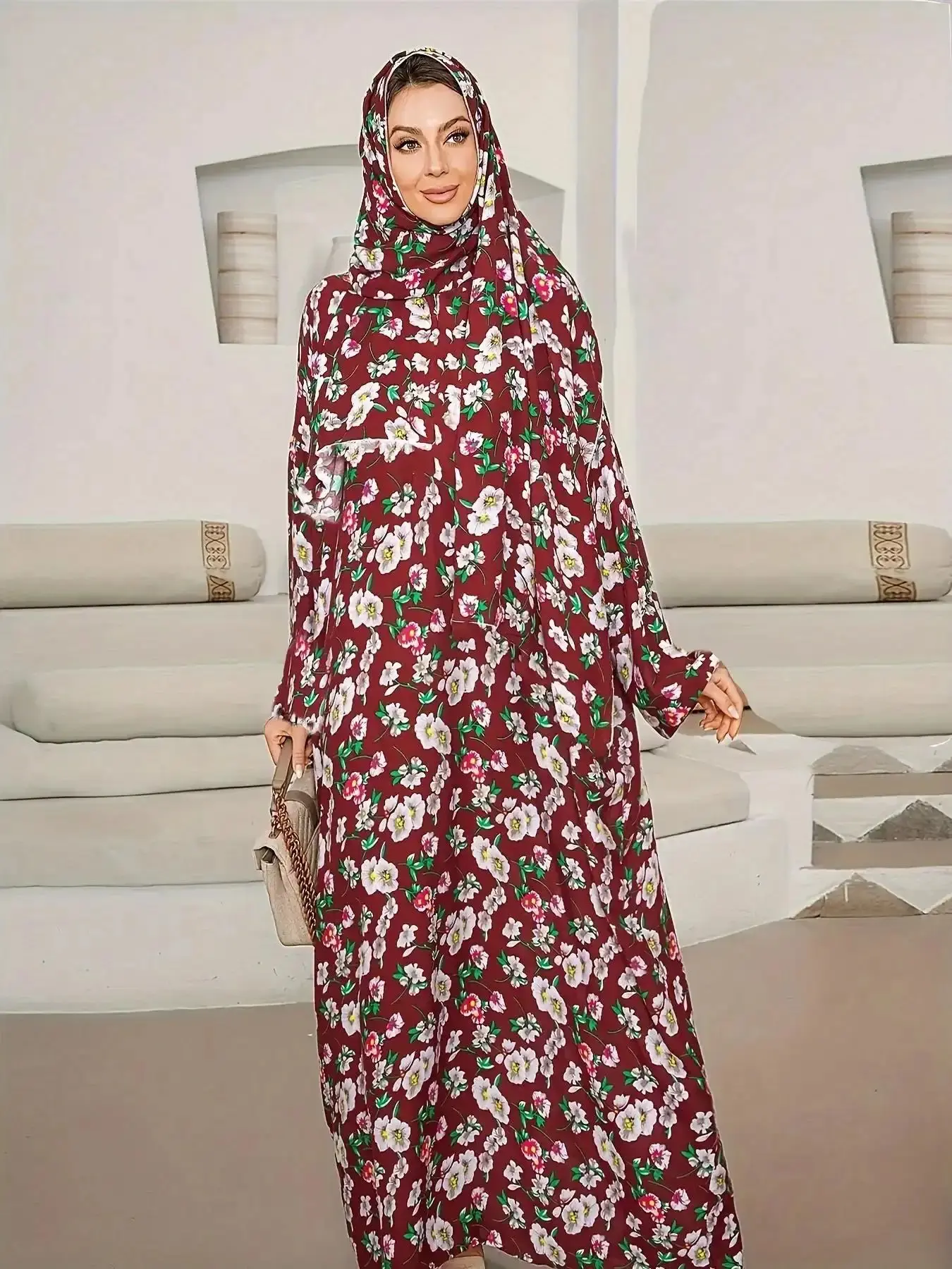Sophisticated Ditsy Floral Print Long Sleeve Hooded Abaya, Elegant Batwing Maxi Muslim Dress, Ladies Islamic Clothing for All Seasons, Modesty Machine Washable, elegant silhouette, timeless appeal, graceful flow
