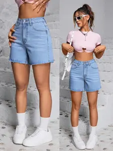 High-Waisted Gradient Washed Hot Pants, Slimming and Concealing, Fitted Mid Waist, Cute Style, All Seasons, Plain Pattern