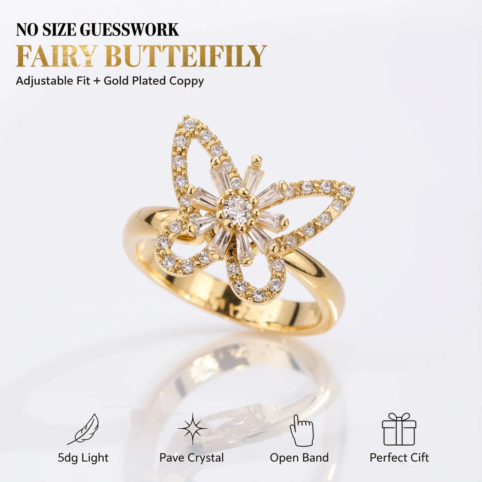 Gold Sparkle Butterfly Ring - Adjustable Lightweight Dainty Jewelry - Fairycore Gifts for Her & Teen Girls