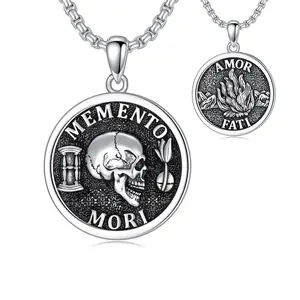 MEIDERBO Jewelry Memento Mori Necklace 925 Sterling Silver Gothic Skull Pendant Stoicism Jewelry Gifts for Men Women 22+2 Inch Chain