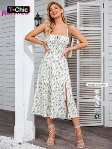 Parthea Women's Floral Print Ruched Split Thigh Dress, Elegant Boho Casual Bohemian Sleeveless Midi Dress for Summer, Ladies Clothes for Beach Holiday, Womenswear
