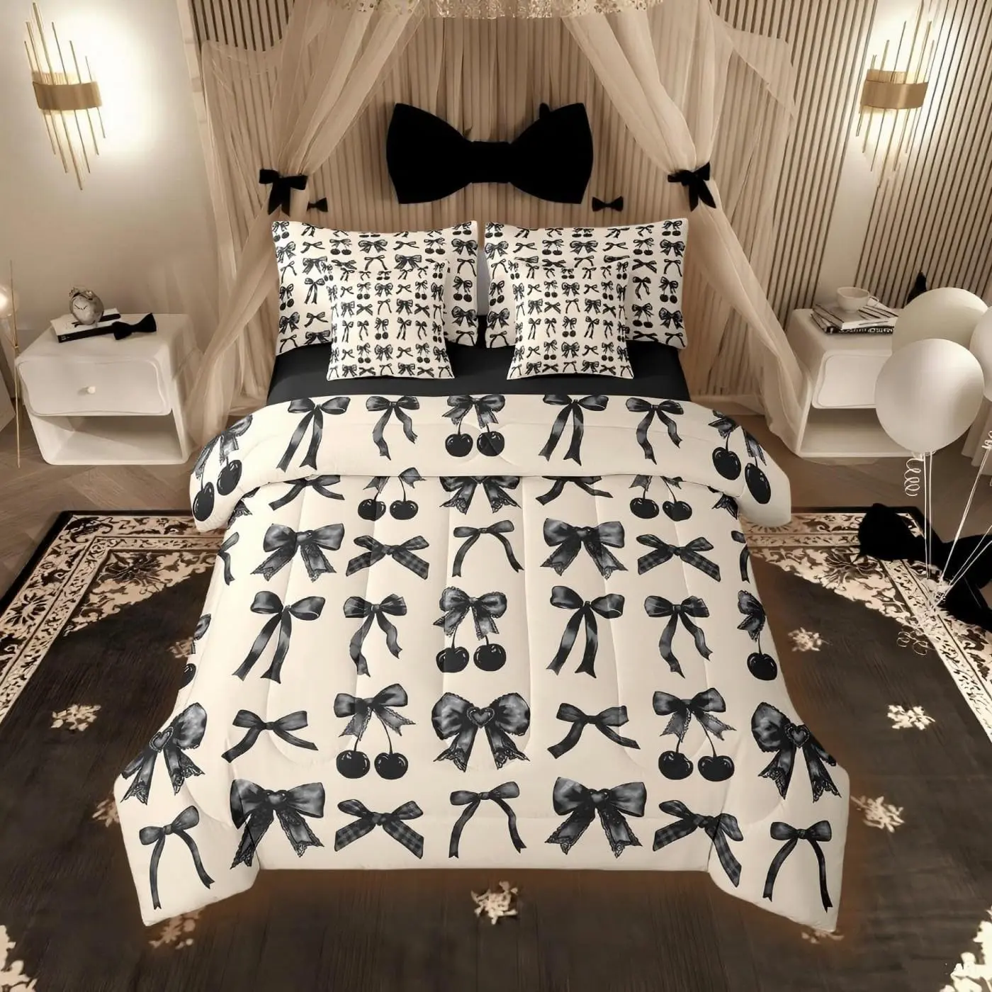 Feelyou Black Cherry 7-Piece Comforter Set - Cute Silk Ribbon Bowknot Kawaii Theme Ultra Soft Microfiber Decorative Bed in a Bag for Princess-Style Beds, Decorative Bedding Set, Soft Bedding Sets