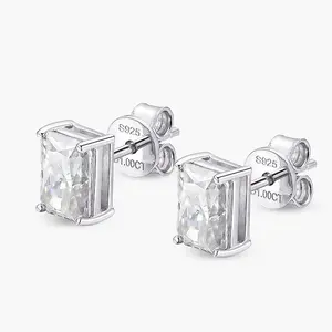 S925 Sterling Silver 2CT 6*8mm Emerald Cut CZ Stud Earrings, Hypoallergenic, Minimalist Elegant Jewelry Gold Plated Rhinestone Square Studs