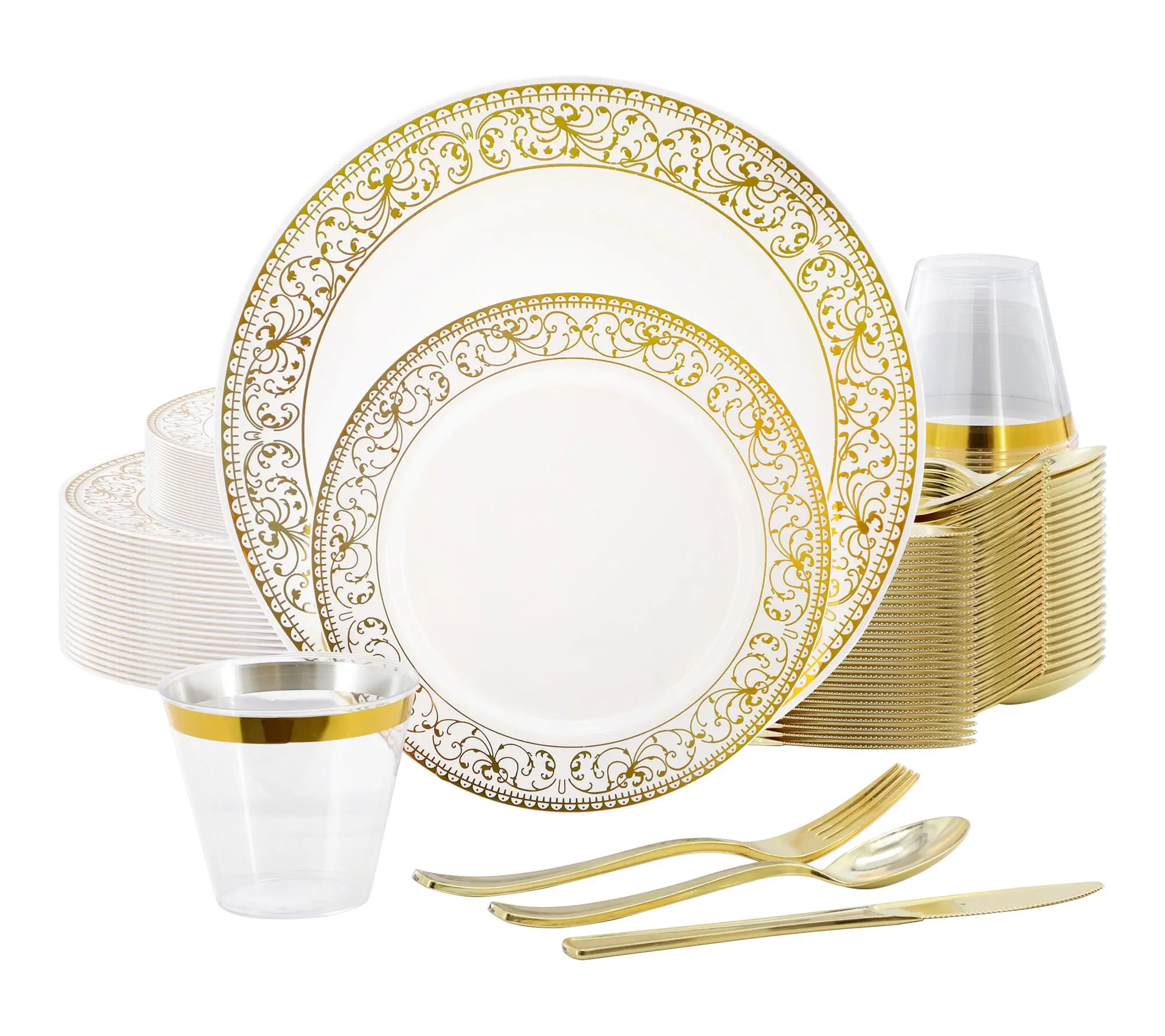 Elama 150Pc Disposable Dinnerware Set for 25 with Gold Decal Elama 150Pc Disposable Dinnerware Set for 25 with Gold Decal