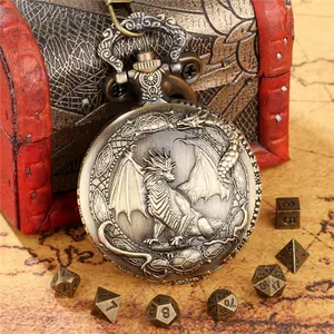Antique Dragon Pattern Pocket Watch Empty Case with Pendant Chain, 7pcs Tiny Metal Polyhedral Dice for Tabletop Role Play Game Accessories, Indoor Entertainment Board Gaming Dice