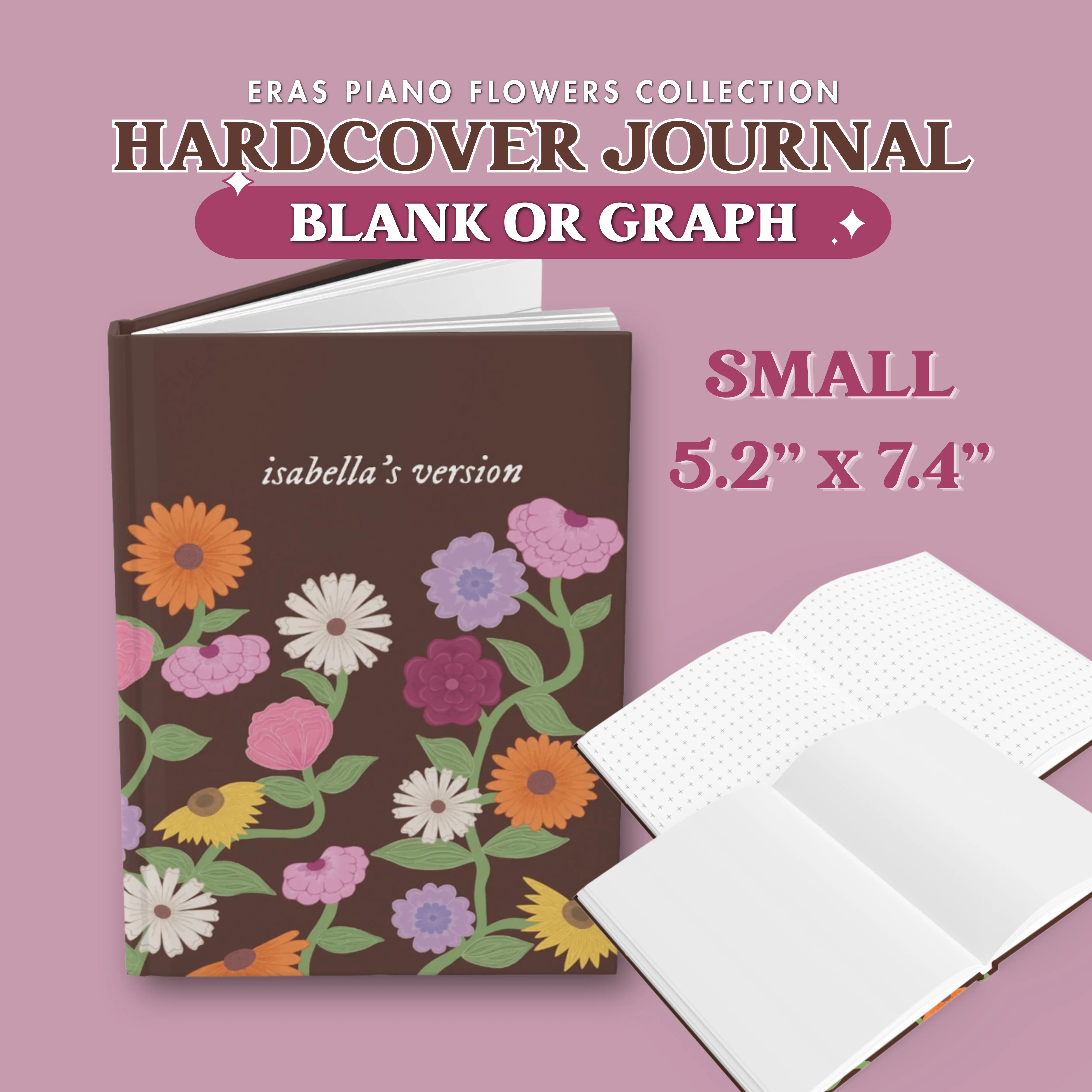 Custom "Your Name's Version" Blank or Graph, Acoustic Piano Flowers Personalized Hardcover Notebook, Small 5.2" x 7.4"