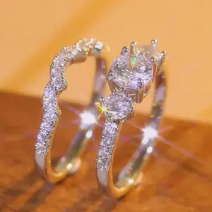 Three Stone Design Sparkling Silver Tone Couple Ring Set Round Cut Full Pavé Cubic Zirconia Engagement Promise Anniversary Jewelry Daily Casual Party Date Night Outfit Gift For Him Her Couples Men Women Christmas New Year Valentine