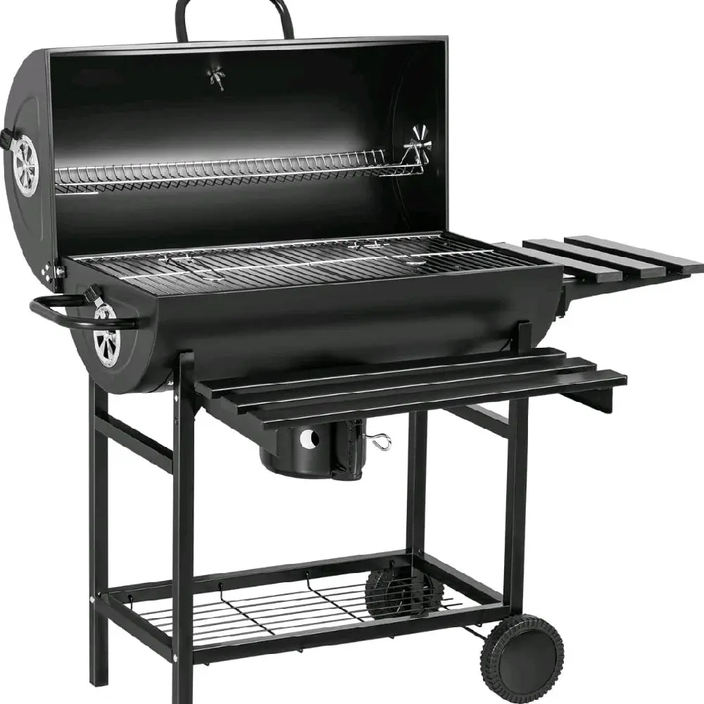 Charcoal Barbecue Grill Barrel style BBQ Charcoal Grill with Thermometer Smoker with Ash Catcher for Camping Picnics BBQ