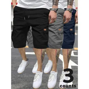 Men's 3-Pack Casual Cargo Shorts - Black, Grey & Navy - Elastic Waist with Drawstring, Multiple Pockets, Relaxed Fit - Lightweight Fabric - Perfect for Summer, Beach, Hiking, Work & Daily Wear - S-2XL Sizes