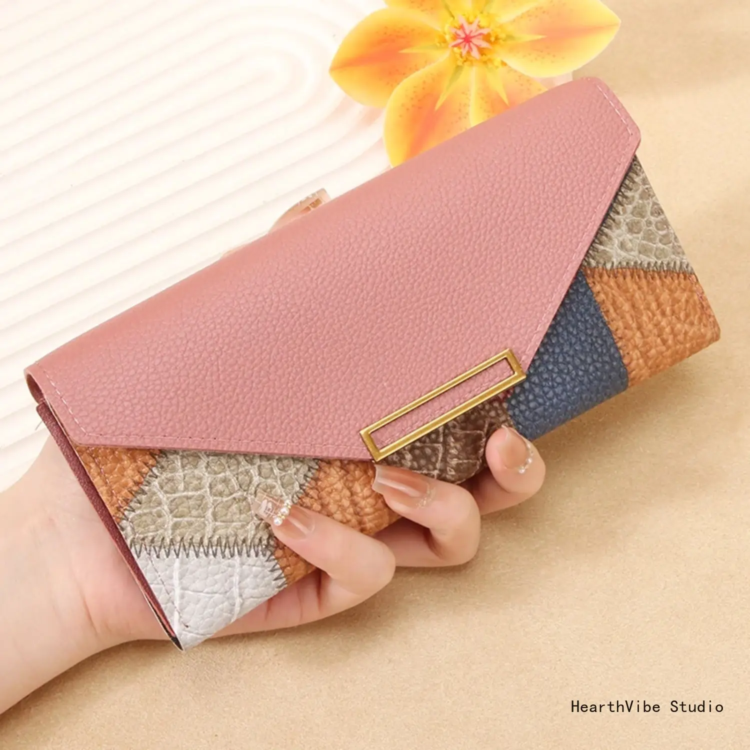 Korean Ladies Money Wallet - Retro Handmade Resin Clutch with Buckle, Long Casual Wallet for Outdoor Hiking & Camping, No, Chic
