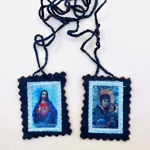 Handmade Holy Scapular Catholic Sacred Heart of Jesus & Virgin Mary of Bethlehem Religious Necklace with Brown Cord