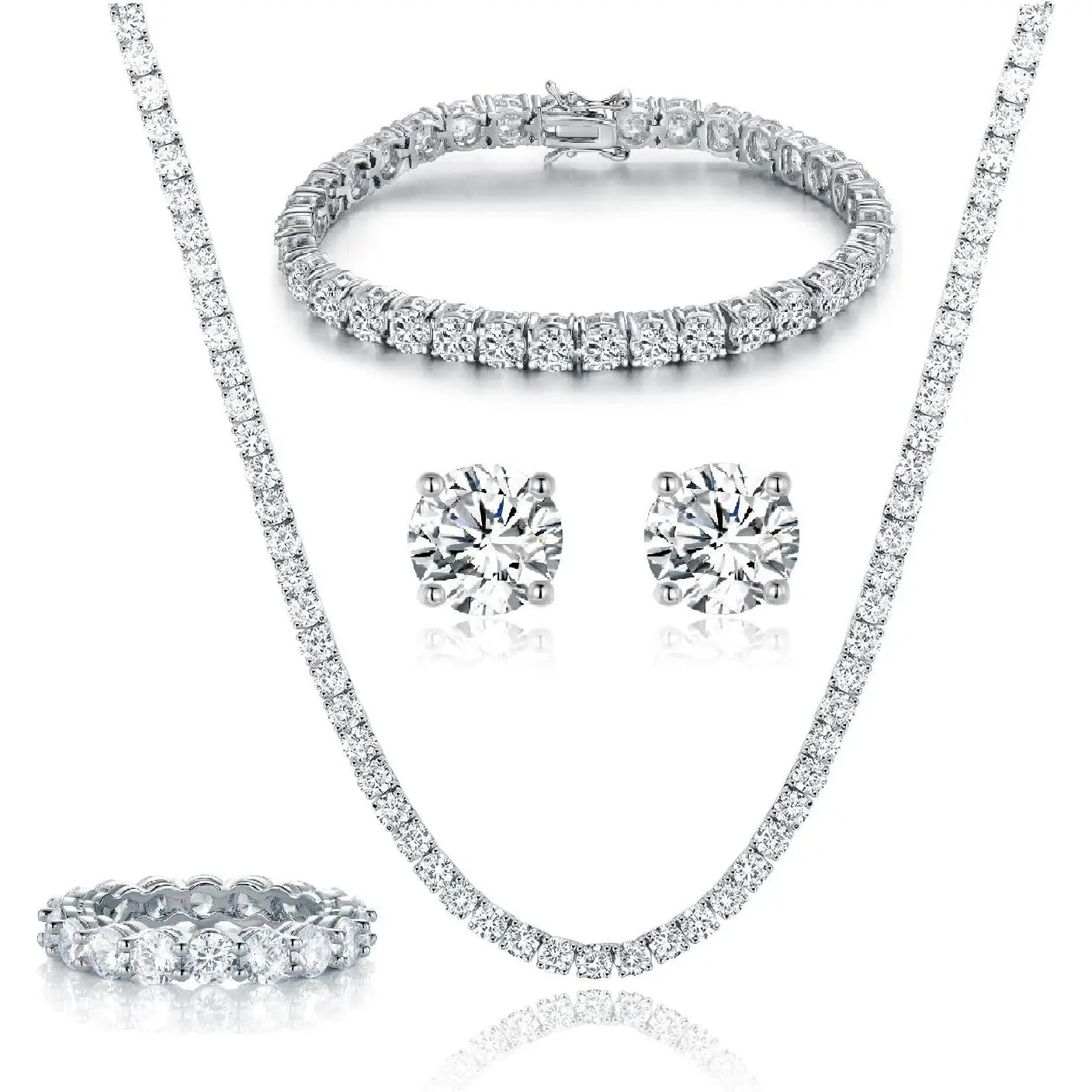 18K White Gold Plated Tennis Necklace/Bracelet/Earrings/Band Ring Sets Hypoallergenic Jewelry 4