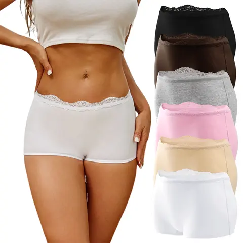 FINETOO 6pcs Boyshort Underwear for Women Cotton Boxer Briefs Full Coverage Ladies BoyShorts Panties  Lace Wave Design Sweet Ladies Panties S-2XL