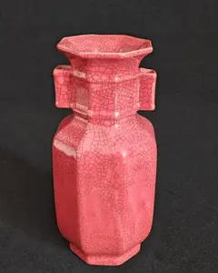 8" Pink Crackle Ceramic Vase with Unique Hexagonal Design for Home Decor