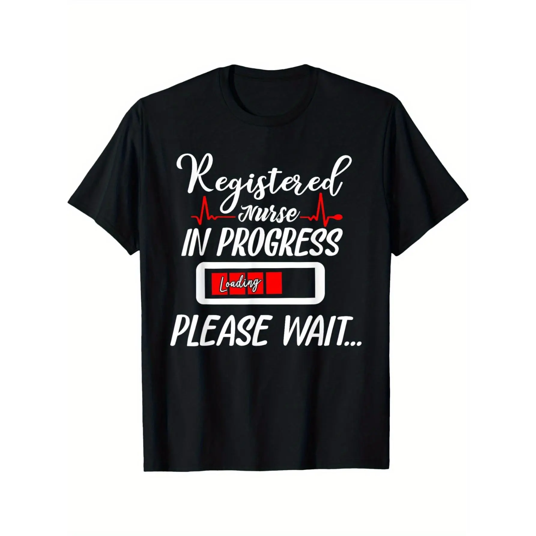 Funny RN Nurse Life T-Shirt - Registered Nurse In Progress (RN) with Charging Battery Graphic - Nursing Student Gift, Relaxed Fit Medical Apparel - Black with White & Red Nursing Design - Machine Washable Casual Tee for Aspiring Nurses.