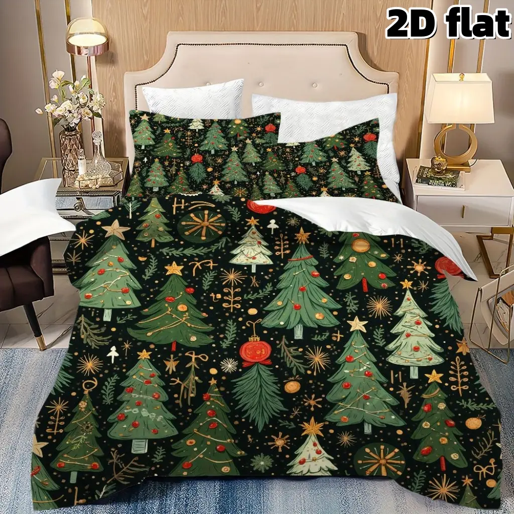 2D Flat 3Pcs Christmas Tree Bedding Winter Holiday Duvet Cover Microfiber Bedroom Decor Festive Forest Comforter with Pillowcases Xmas Gift Winter Home Decor Microfiber Bedding Set