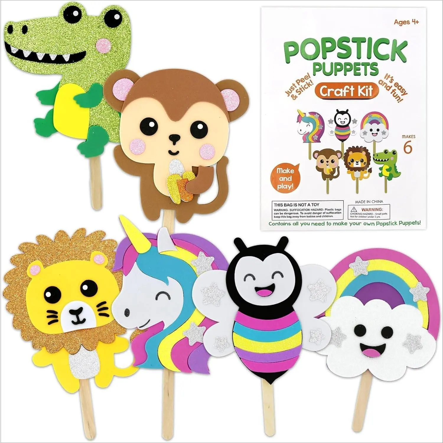 P-ITC030    Make 6 Popstick Puppets Craft Kits for Kids, Foam Art Crafts Gift, Story Time Toys for Ages 4+ Toddler, Cloud, Animals, Preschool Projects Game Crafts, Birthday Party Favor Supplies