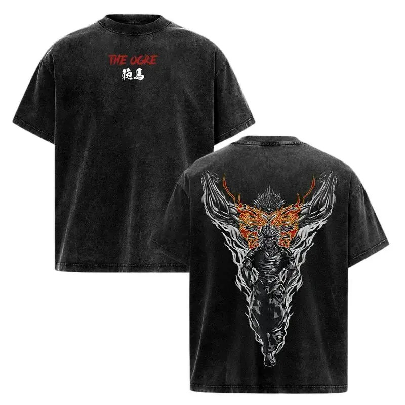 Men's Yujiro Hanma Anime Graphic Print T-Shirt - Stylish Casual Apparel, Pre-Washed Soft Heavy Cotton, Vintage Oversized Ribbed Seamless Short-Sleeve Unisex Streetwear for Fitness Fans, Tshirt, Shortsleeve, Classic, Clothes, Round Neck, Oversized Look, Cr