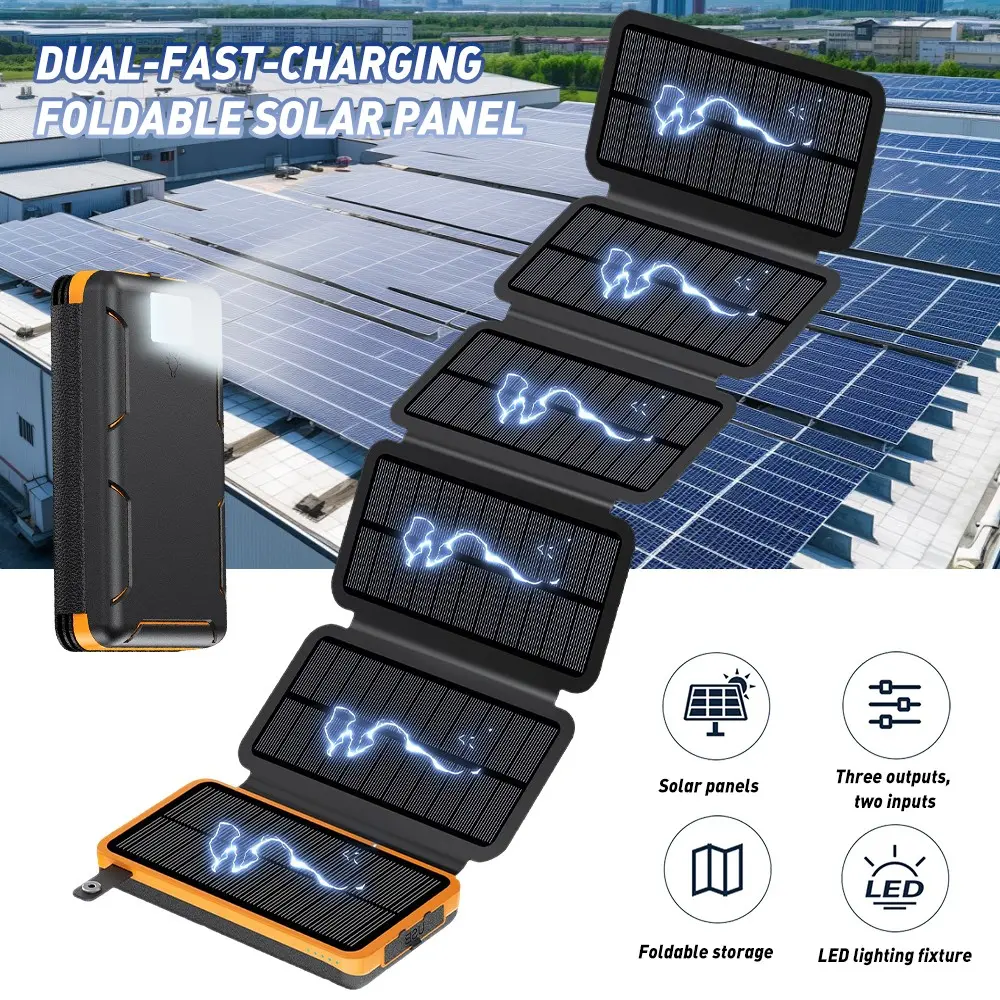 Solar charger 46800mAh, portable foldable solar power bank, portable charger external battery and flashlight, equipped with 6 solar panels.