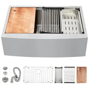 GARVEE 30 and 33 Inch Stainless Steel Farmhouse Sink Workstations featuring 16 Gauge Single Bowl Apron Front Design, Complete with Cutting Board and Accessories for Functional Kitchen Use