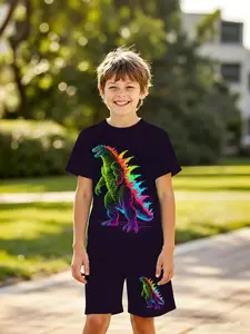 Boys' 3D Short Sleeve Set, American Sci-Fi Neon Godzilla Full Print, Casual Trendy for Outdoor, Holiday Gift, Birthday Present