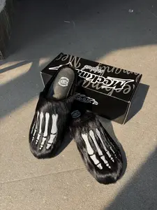 Meckmanly Men Skeleton Faux Fur Mules | Cozy Goth Punk Slippers