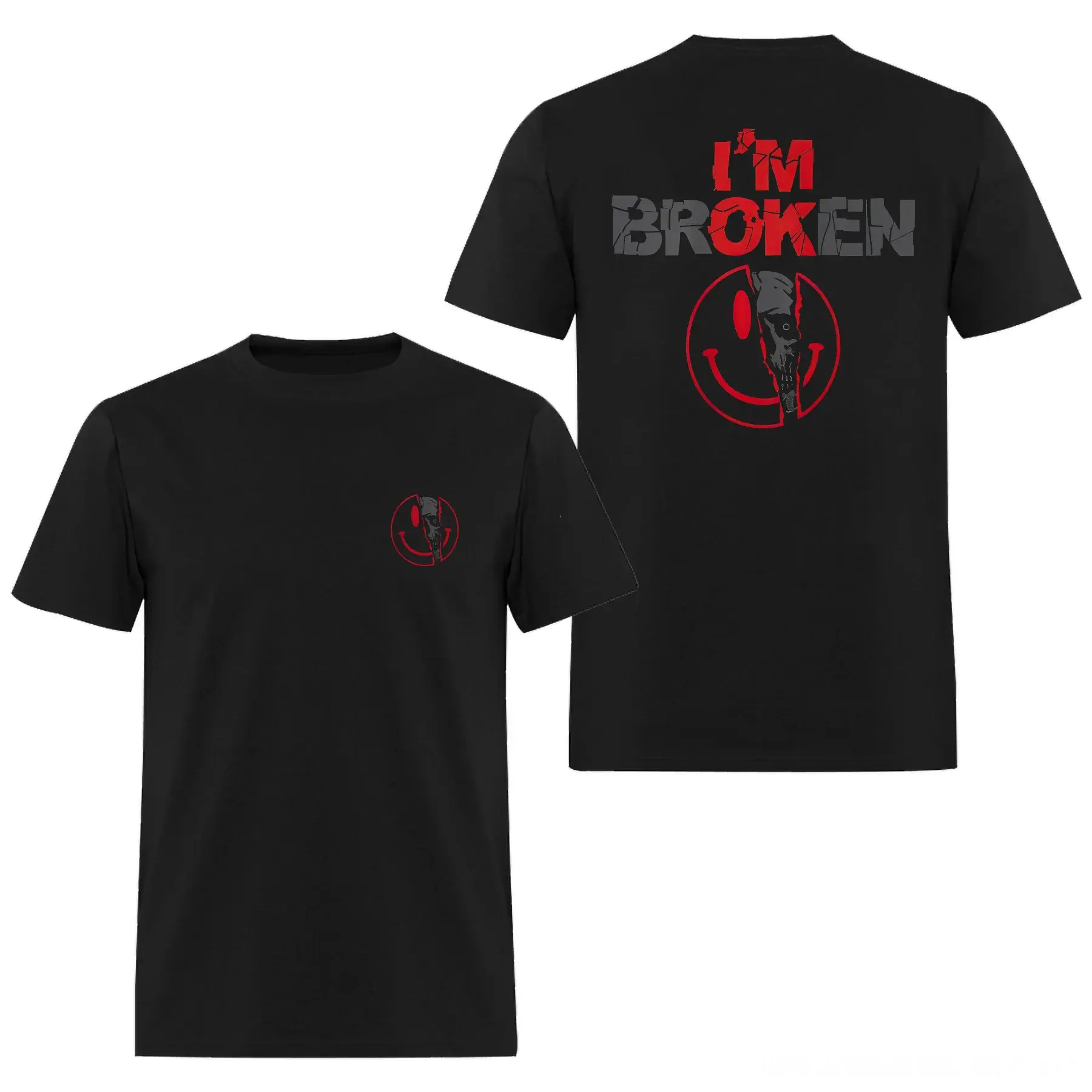 I’m Broken Skull Smile T-Shirt – Dark Gothic Front and Back Graphic Tee, Emo Grunge Punk Alternative Streetwear Shirt for Men and Women