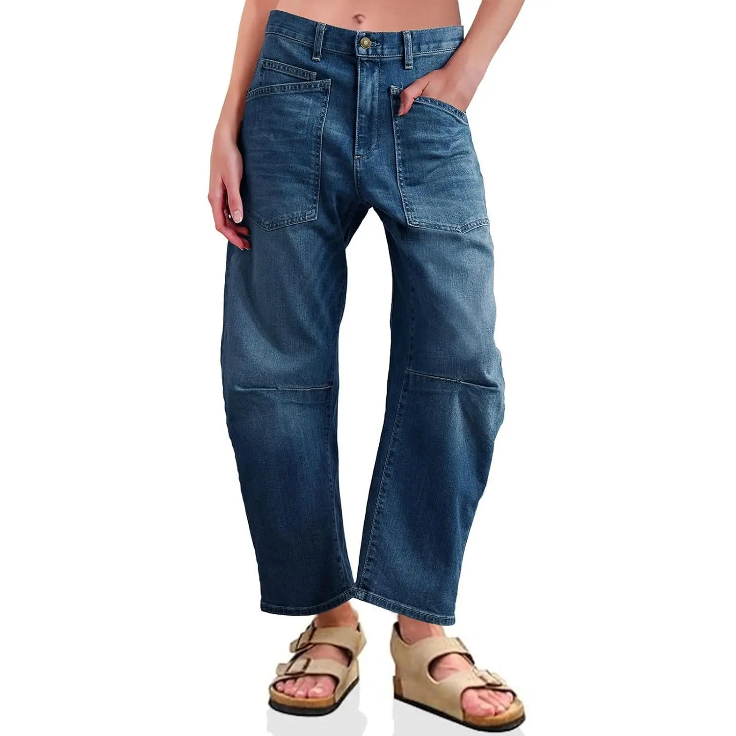 Imily Bela Womens Baggy Barrel Horseshoe Jeans High Waisted Wide Leg Vintage Denim Pants with Front Pocket