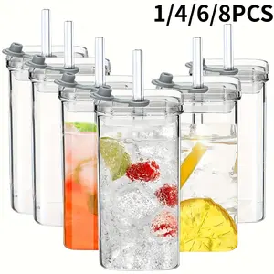 4/6/8-Piece Square Glass Cups With Lids, 13 Oz Capacity, Perfect Coffee Mugs, Includes Straw, A Great Gift For Glassware Collectors, Suitable For Office, Home, School, And Outdoor Settings, Ideal For Weddings, Bpa-Free.