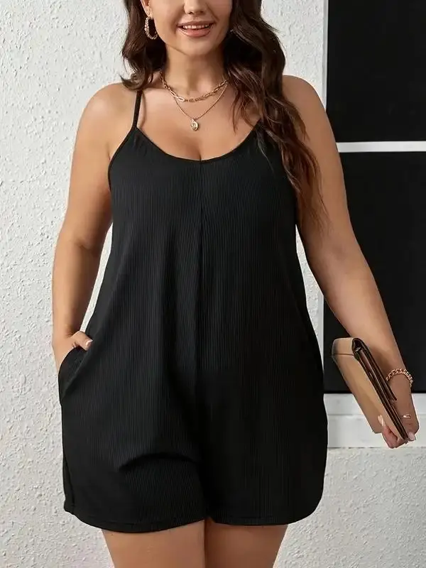 [Plus Size] Plain Pocket Adjustable Strap Slim-fit Cami Romper, Back To School Outfits, Casual Spaghetti Strap Sleeveless Romper, Jumpsuit for Women, Summer Outfits, Women's Plus Clothing for Daily Wear, Black Girl Outfits