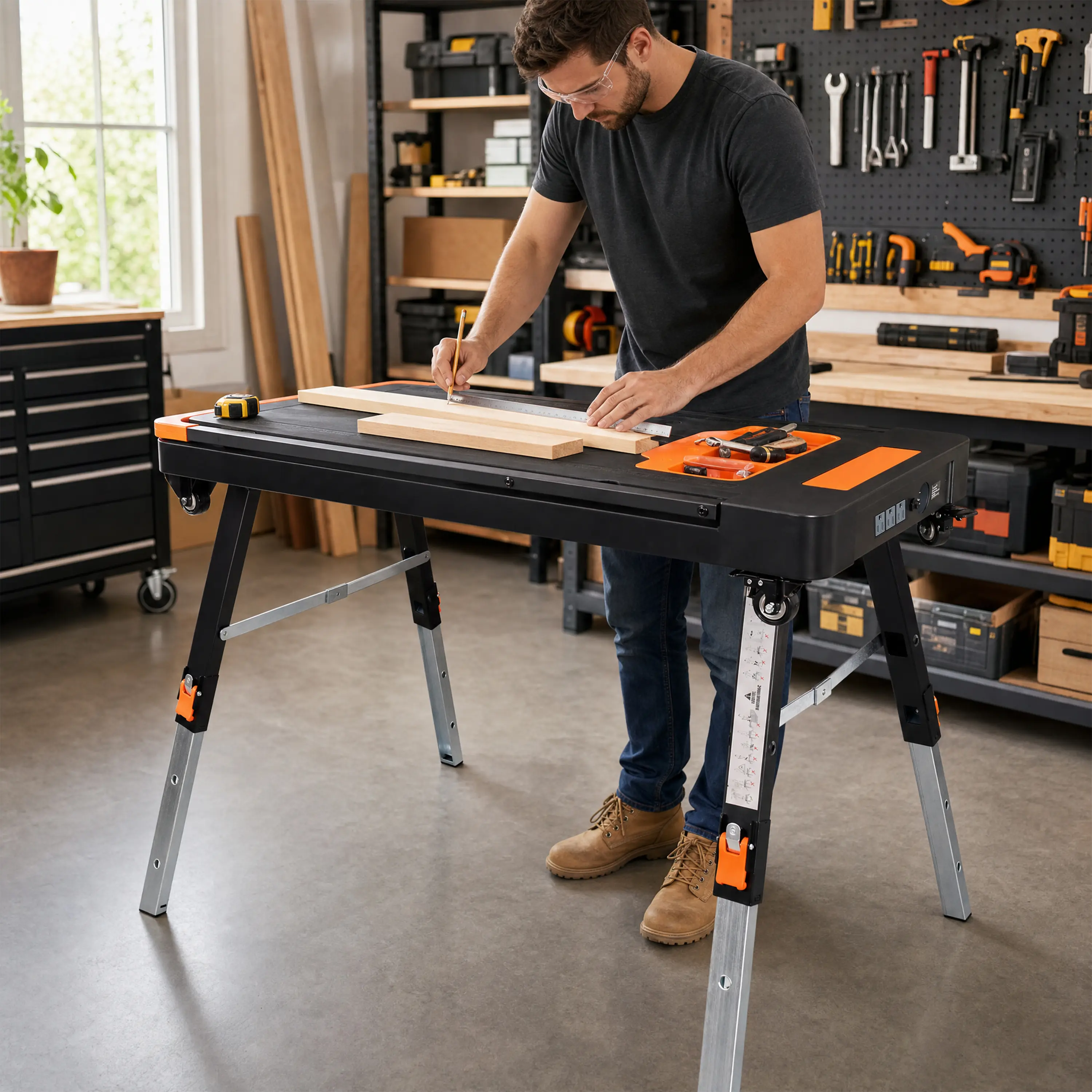8-in-1 Fold Multifunctional Work Table, Heavy-Duty Portable Workbench with Locking Wheels, US Standard Power Outlets, 550 Lbs Capacity, ABS/Steel Build, Commercial Folding Table for DIY Users (Garage, Workshop)