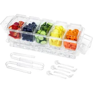 Chilled Condiment Server, Taco Bar Serving Set, Versatile Ice Containers, with 5 Lidded Containers and Detachable Ice Storage Layer, 2 Hanging Cups for Storing Tong and Forks