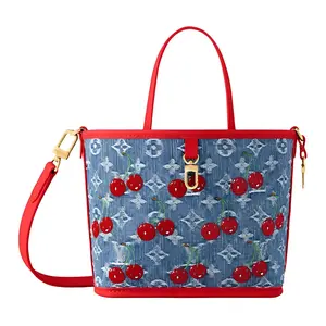 Louis Vuitton x Takashi Murakami Neverfull Inside Out BB Cherry Collection Denim Monogram Handbag, Small, Women’s, Blue and Red