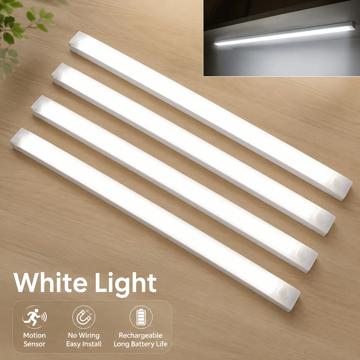 4-pack-White Light Motion Sensor No Wiring Easy Install Rechargeable Long Battery Life LED Strip Lights