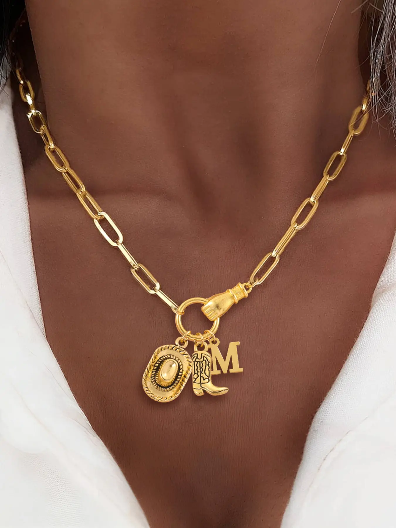Women's Classic Stainless Steel Necklace, Western Cowboy Boot Hat Holding The Ring Pendant Chain, Casual Letter Pattern Jewelry, Fashion Necklace