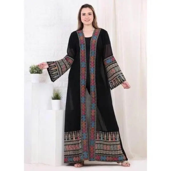 Palestinian Abaya - Elegant Embroidered Open Front Dress