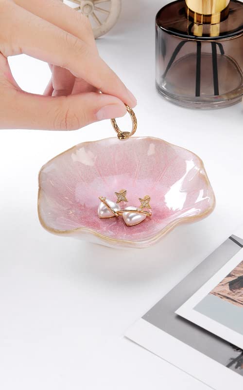 Lotus Shape Ceramic Trinket Tray Magic Kiln Glaze Transformation Technology 4.3" Pink Home Decor Elegant Jewelry Dish Organizer for Necklace Keys Unique Gift for Mom Sister Best Friend
