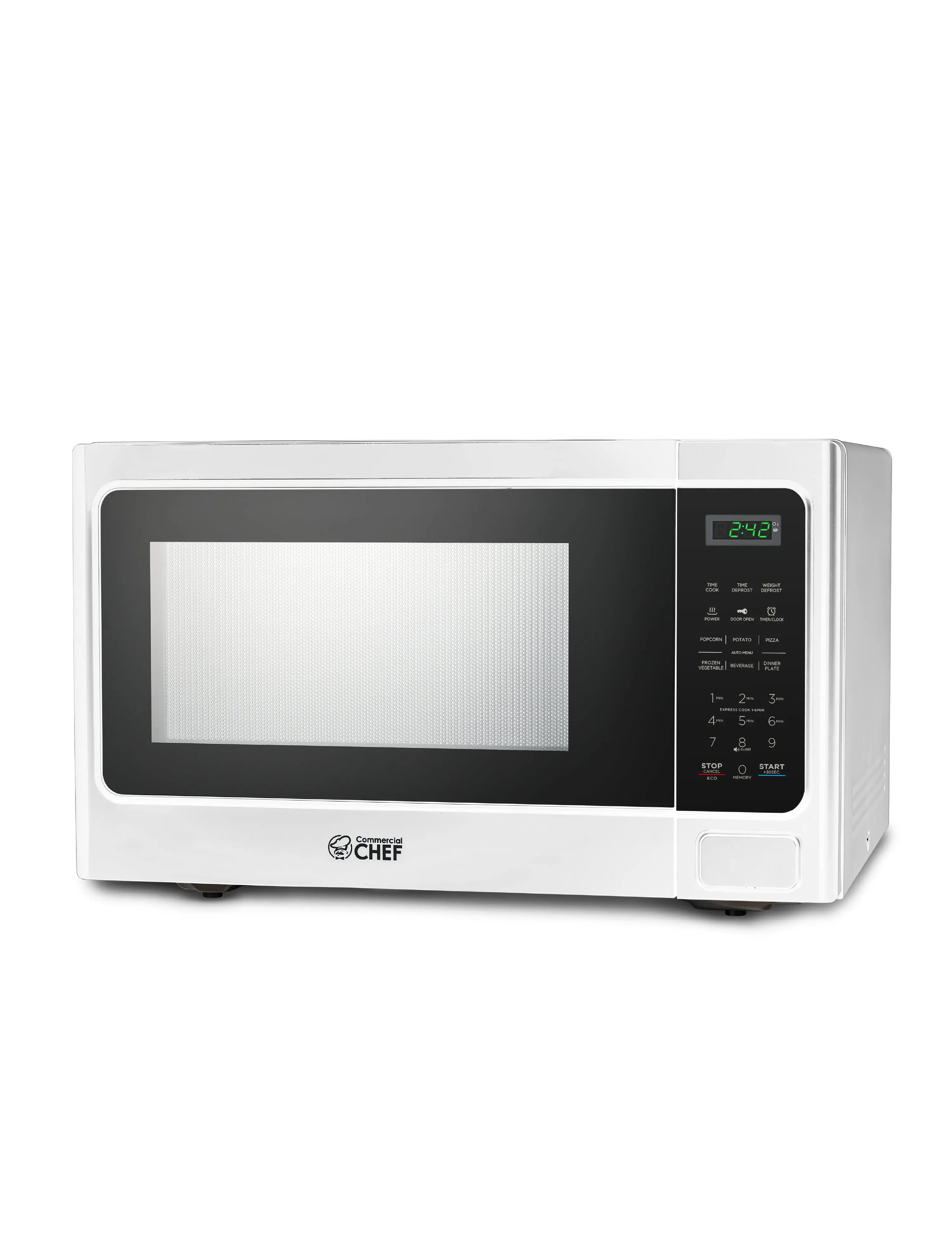 Commercial Chef Countertop Microwave Oven - 1.3 Cu. Ft., 1000W, 10 Power Levels, Touch Controls with Digital LED Display, 12.4” Turntable Plate, Push Button Door, Defrost, Express Cook, Time Settings, Model CHM13MW6, White