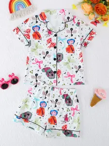 Girls' Cartoon Animal Pattern Sleepwear Set, Snug Fit Pajamas, Short Sleeve Button-Front Top & Shorts, Casual All-Season Wear for Girls Ages 7+, Cartoon Print Pajama