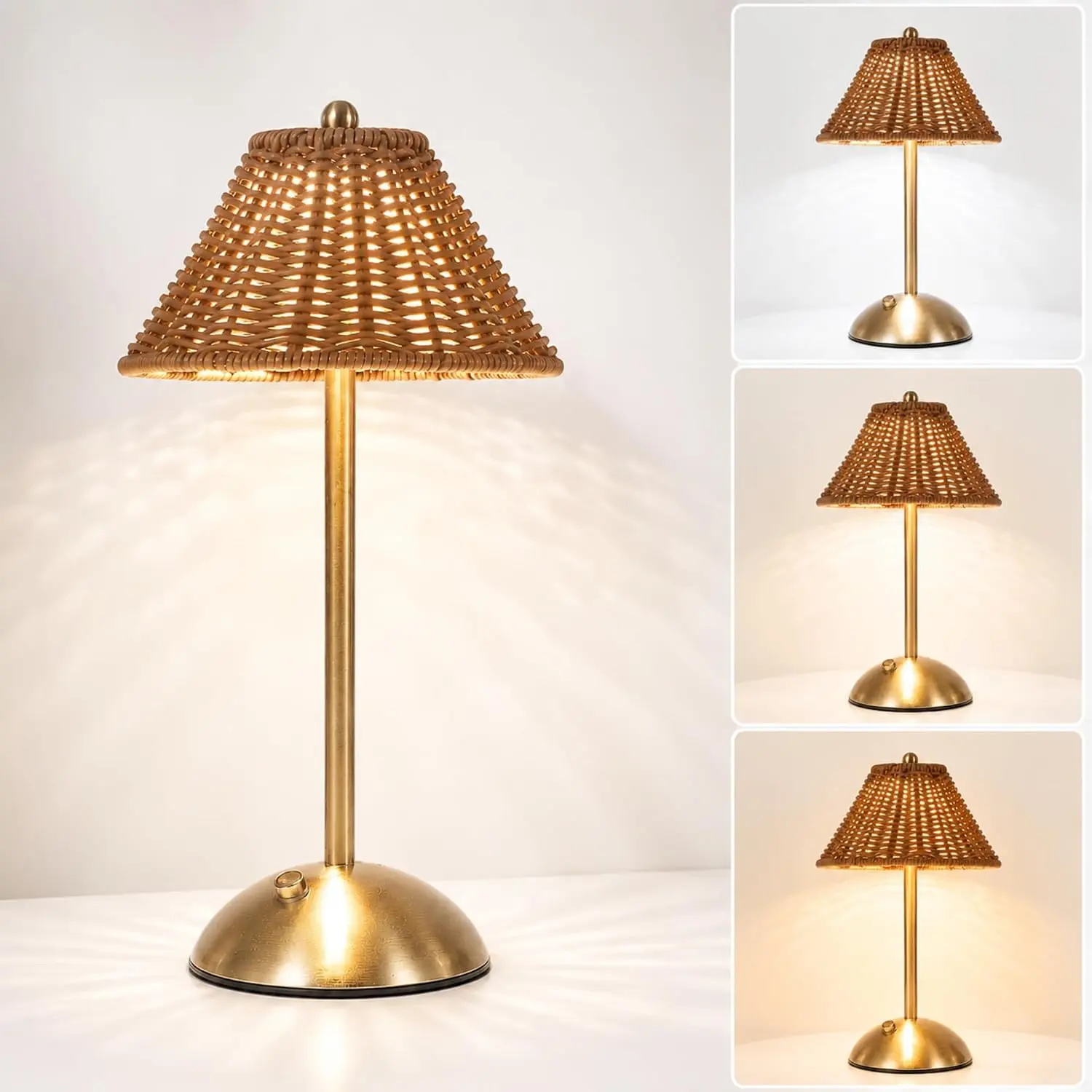 Boho Rattan Table Lamp,Wicker Night Light,LED Rechargeable Reading Lights,3 Color Touch Control Dimmable Bedside Lamps Living Room Bedroom Office Lighting Home Outdoor Decoration