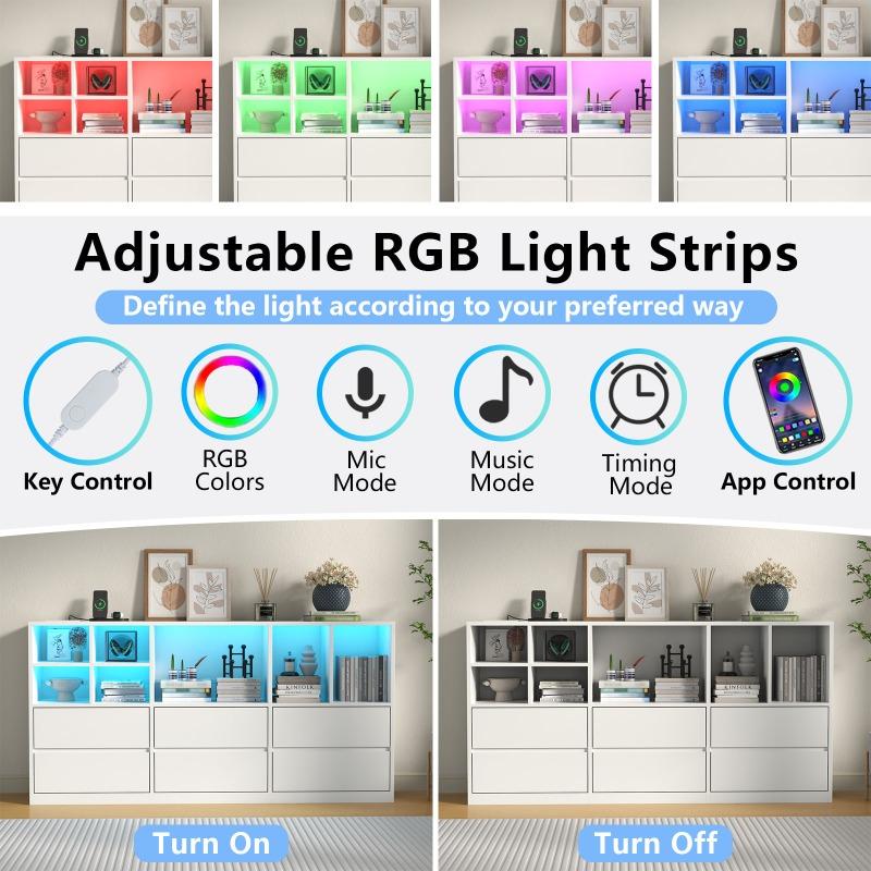 White / Black 6 Drawers Dresser With 7 Storage Cubbies, Chest Of Drawers With Power Outlet And LED Lights, 63" Triple Wide Long Dresser Organizer For Bedroom, Modern Dresser With Open Shelf For Living Room Wardrobe Cabinet