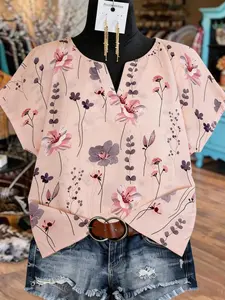 Women's Floral Print Short Sleeve Shirt, Loose-Fitting Summer Top, Casual Lightweight Chiffon Blouse, Plus Size V Neck Design