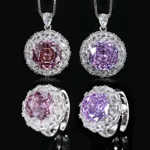 Dry Rose & Violet Two-Tone Rose Cut Gemstone Jewelry, 18K Gold Thick Plated Eco-Friendly Metal, Waterproof and Sweat-Resistant, Luxurious and Sophisticated Pendant and Ring Set, Perfect Accessory for the Rich and Elegant