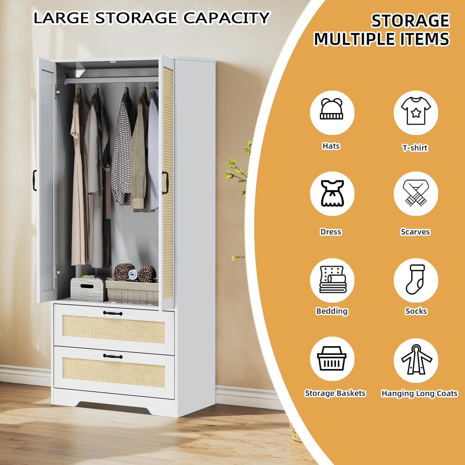 Wooden Wardrobes With Hanging Rods Freestanding Modern Clothing Storage Cabinets With 2 Rattan Doors & Drawers In Black White Natural Colors For Bedroom Living Room Laundry Cloakroom