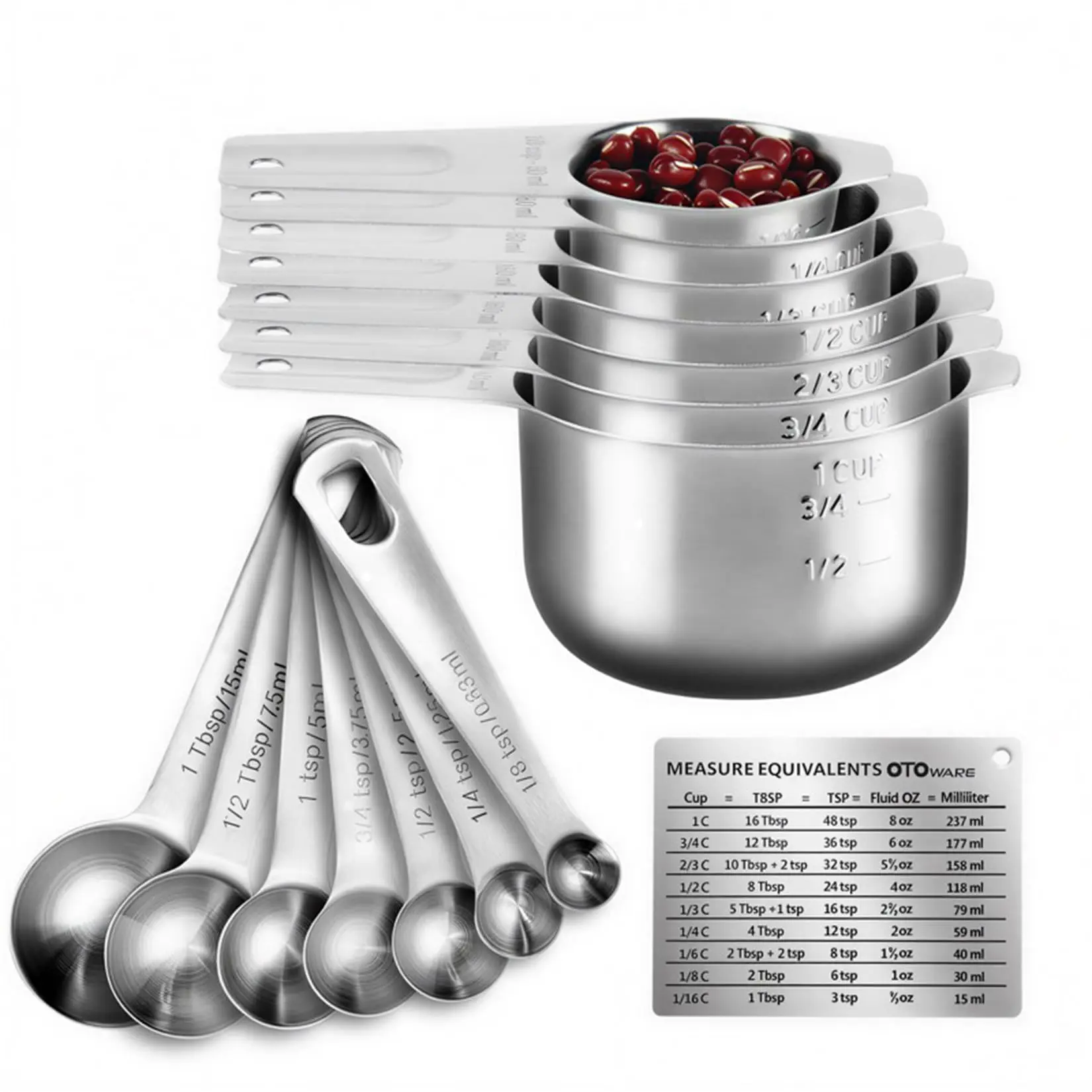 15-Piece Stainless Steel Measuring Cups and Spoons Set for Cooking, Baking, Mixology – Sturdy, Heavy-Duty, Stackable Kitchen Tools with Dual Metric & Imperial Scales, Housewarming Gift – 7 Cups, 7 Spoons