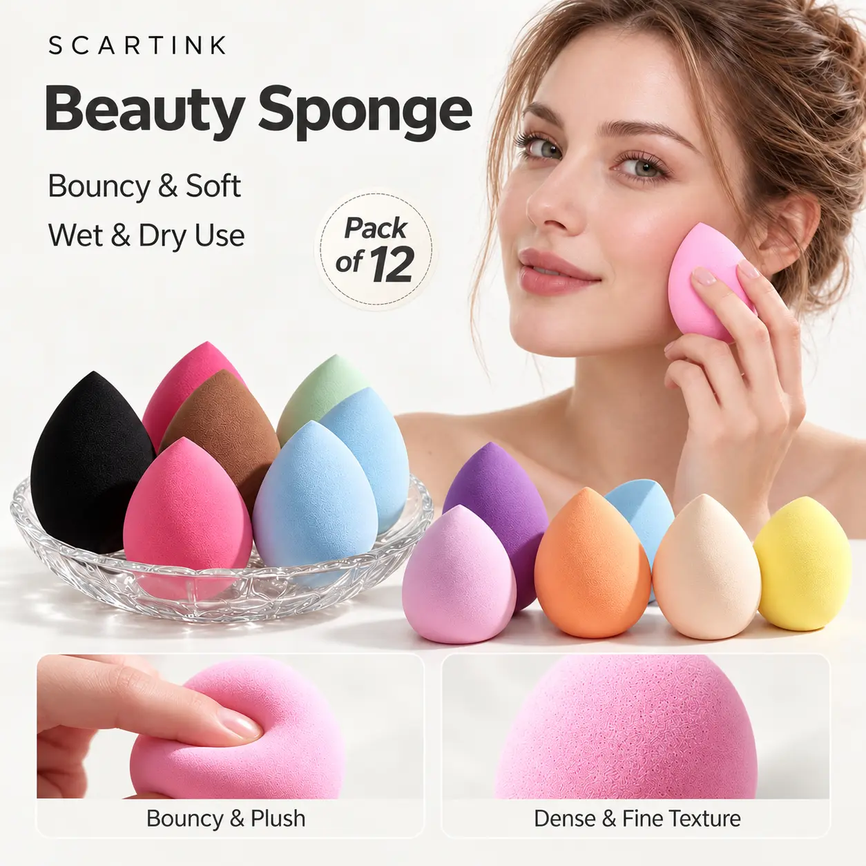 Scartink Colorful 12PCS Latex-Free Reusable Makeup Sponges - Bouncy, Smooth, Deformation-Resistant Wet-Dry Dual-Use Beauty Blenders for Foundation, Concealer & Flawless Blending