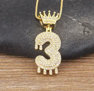 14K Gold Plated Iced CZ Baseball Number Pendant Necklace Crown #3
