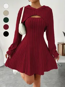 Women's Knitted Hooded Shawl Dress Set Outfit, Casual Fashionable Elastic Design, Pure Color Minimalist Style, Perfect for Daily Wear & Stylish, Womenswear